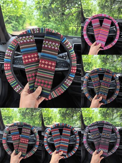 Car Steering Wheel Cover Set, 3 Pcs Boho Woven Linen Universal Fit 15" Steering Wheel Protector + 2 Seat Belt Covers, Non-Slip Comfortable Car Interior Decor Accessories For Women Men(5 Colors)