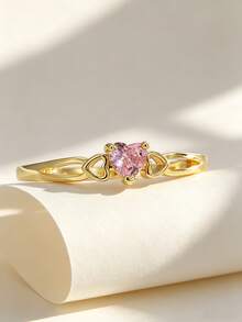 Romantic Pink Heart CZ Ring With Cutout Details, 18K Gold Plated Stackable Ring, Jewelry For Casual & Party - Gold - View 3
