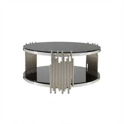 Modern Black Glass Coffee Table, Luxury Living Room Tables With Double Glass Top, Round Coffee Table With Gold Steel Base, Sofa Side Table With Round Glass Top, Coffee Table For Living Room/Home/Office