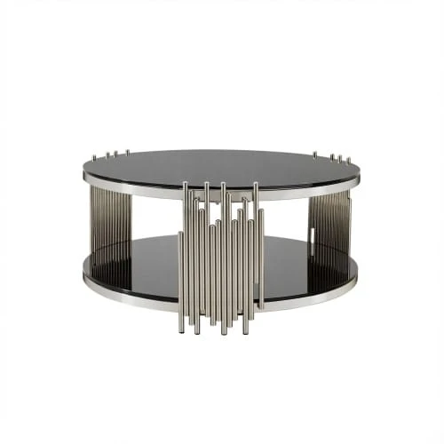 Modern Black Glass Coffee Table, Luxury Living Room Tables With Double Glass Top, Round Coffee Table With Gold Steel Base, Sofa Side Table With Round Glass Top, Coffee Table For Living Room/Home/Office - Silver - View 1