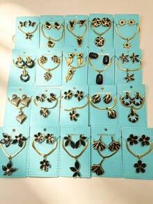 6/12/18/24pcs Black Stainless Steel Earrings And Necklace Set, Decorated With Geometric, Heart And Floral Patterns, Inspired By Middle Eastern Dubai Style, Exuding A Charming Modern Vibe. This Jewelry Set Is Suitable As A Wedding Gift, Party Decoration, New Year Gift Or Seasonal Fashion Accessory. (Randomly Shipped) - Multicolor - View 4