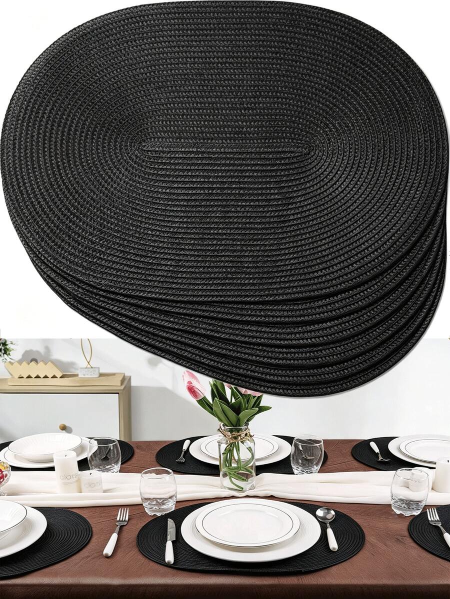 45*30cm 黑色塑膠手工編織餐墊、12cm 杯墊、橢圓形編織餐墊、隔熱墊、防皺餐墊，適用於生日、聖誕節、喬遷、慶祝、節日派對、家庭聚會，易於清潔