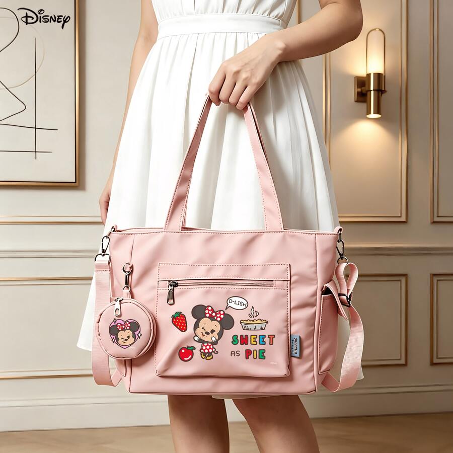 Disney Minnie Mouse "Sweet As Pie" Themed Pink Casual Multi-Functional Large Capacity Tote Bag 2 Pieces Set With Coin Purse, Multi-Way Carry, Ideal For Weekend Trips, Gym, Beach And Travel - Pink - View 1