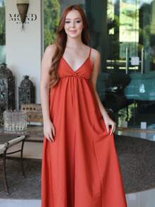 Women's Backless Loose-Fitting Long Dress With A V-Neck And Thin Straps - 赤土陶 - 查看 5
