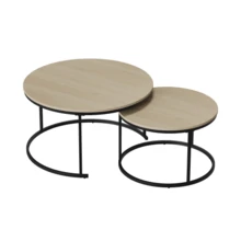 Juego de dos mesas de centro apilables, chapadas en roble, mesa de centro redonda de 60 cm de diámetro, estructura metálica, estilo moderno, adecuadas para salón, dormitorio o balcón. - Albaricoque 2 - Ver 10