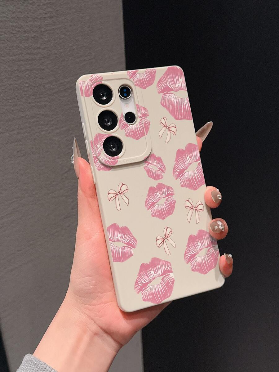 1pc White Matte Shockproof Anti-Slip Phone Case With UV Printed Pink Lips & Bow Pattern, Suitable For GALAXY S26, S26+, S26U, S25FE, A17, A07, A37, A57, A56, S25, S25PLUS, S25ULTRA, S24, S24PLUS, S24ULTRA, S23, S23PLUS, S23ULTRA, S23FE, S22, A55, A54, A53, A52, A51, A05S, A06, A13, A14, A15, A16, A22, A23, A25, A33, A34, A35 - Multicolor - View 1