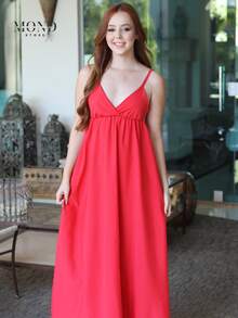 Women's Backless Dress With Long, Loose Neckline And Thin Straps - Red - View 2