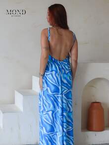 Women's Backless Loose-Fitting Long Dress With A V-Neck And Thin Straps - 藍圖 - View 3