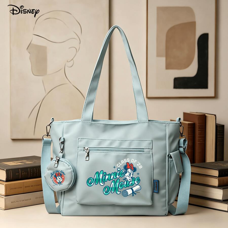 Bộ 2 túi tote đa năng cỡ lớn màu xanh nhạt chủ đề tốt nghiệp Minnie Mouse của Disney, kèm ví đựng tiền xu có thể tháo rời, có thể mang theo nhiều cách, lý tưởng cho công việc, đi làm và sử dụng hàng ngày. - Màu xanh lam - Xem 1
