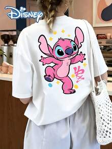 Disney-Themed, Vibrant Pink Stitch Jumping Pattern Print Oversized Women's Fashion Crew Neck T-Shirt, Perfect For Spring And Summer Casual Wear-A Thoughtful Gift For Her. - 白色 - 查看 2