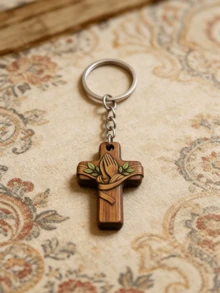 Wooden Cross Keychain With Praying Hands And Olive Leaf Pattern, Employee Appreciation Party Souvenir Set With Silk Pouch And Thank You Card, Suitable For Baptism, First Communion, Wedding, Graduation Appreciation Gifts, Bulk Souvenir Wholesale - A - View 6