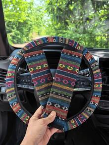 3 buah Sarung Setir Universal 15 Inci Gaya Bohemian dari Linen Tenun + 2 buah Set Sabuk Pengaman, Aksesori Dekorasi Interior Mobil Anti Selip dan Nyaman, Cocok untuk Wanita dan Pria (5 Warna) - Gaya retro - View 14