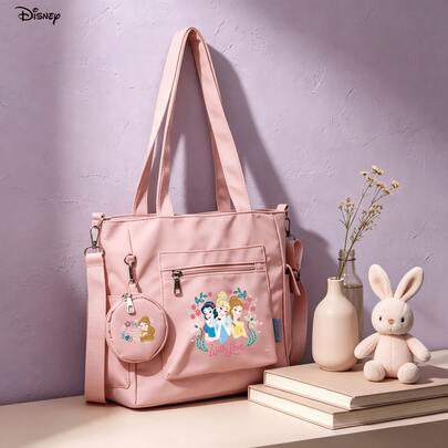 Miniso Bộ 2 túi tote đa năng cỡ lớn in hình hoạt hình Công chúa Disney màu hồng, kèm ví đựng tiền xu, có thể mang theo nhiều cách, lý tưởng cho việc đi lại hàng ngày, đựng đồ, mang theo và du lịch ngoài trời.