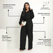 Women's Linen Set - Pants And Shirt With Buttons - Black - View 4