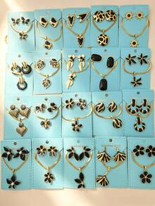 6/12/18/24pcs Black Stainless Steel Earrings And Necklace Set, Decorated With Geometric, Heart And Floral Patterns, Inspired By Middle Eastern Dubai Style, Exuding A Charming Modern Vibe. This Jewelry Set Is Suitable As A Wedding Gift, Party Decoration, New Year Gift Or Seasonal Fashion Accessory. (Randomly Shipped) - Multicolor - View 7