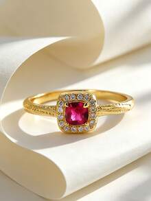 Charm-In 18K Gold Plated Pink Cushion Cut CZ Ring, Dainty Halo Stackable Promise Ring, Elegant Jewelry Gift For Women - Gold - View 4