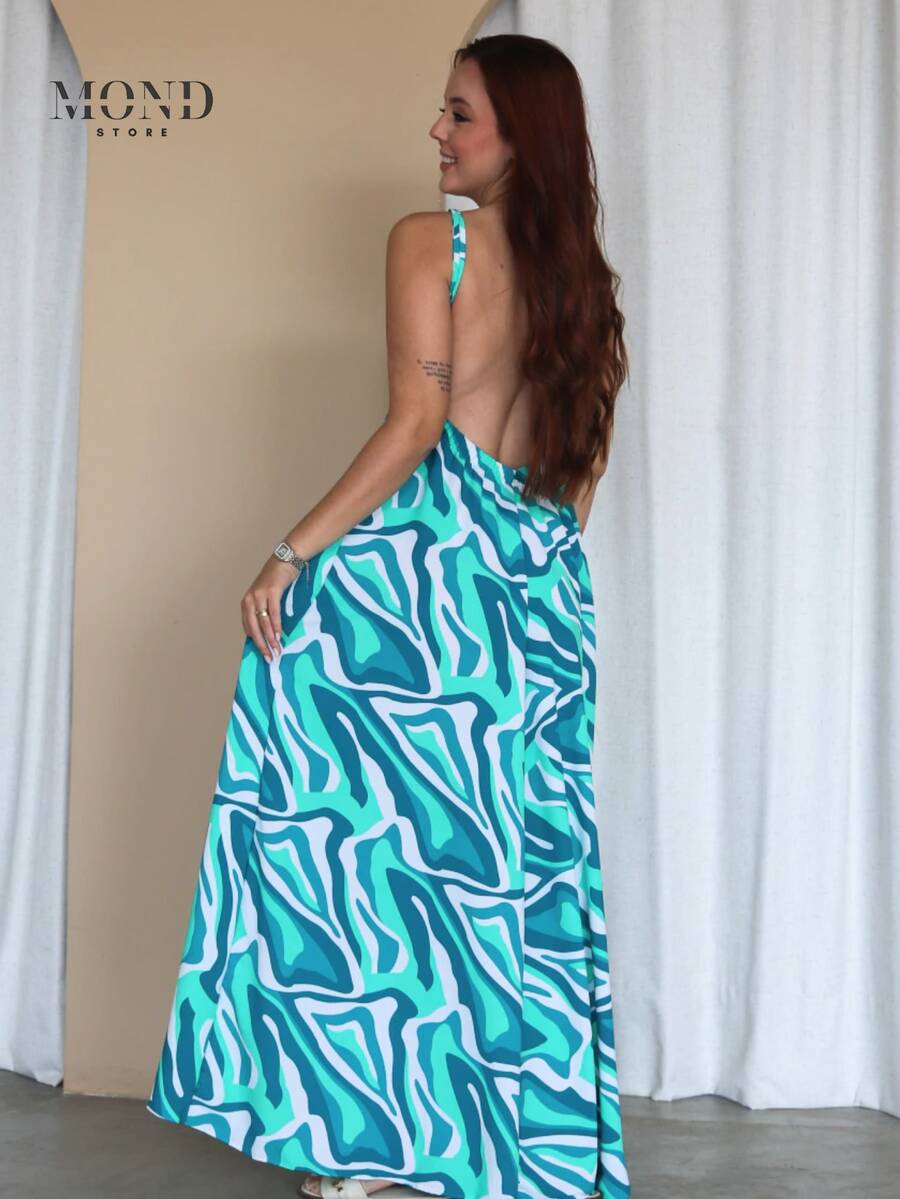 Women's Backless Loose-Fitting Long Dress With A V-Neck And Thin Straps - Green Print - View 1