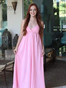 Women's Backless Dress With Long, Loose Neckline And Thin Straps - 淺粉色 - 查看 1