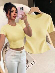 Women's Fitted Short Sleeve Round Neck T-Shirt, Soft And Comfortable Fabric, Machine Washable, Summer Cropped Top - Yellow - View 4