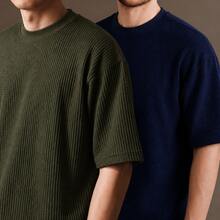 Set Of 2 Men's Oversized Waffle Premium Textured T-Shirts - Military Green/Navy Blue - View 1