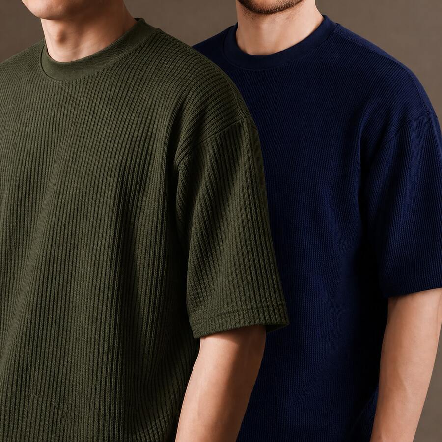 Set Of 2 Men's Oversized Waffle Premium Textured T-Shirts - Military Green/Navy Blue - View 1