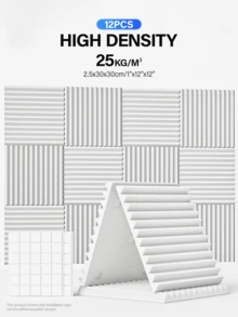 TMJD MISS 12片/24片装吸音墙板，12英寸×12英寸×1/2英寸，适用于录音室、音乐室、游戏空间、播客、隔音和吸音 | 聚酯楔形吸音泡沫 | 带双面胶 - 三角槽設計 - 查看 25