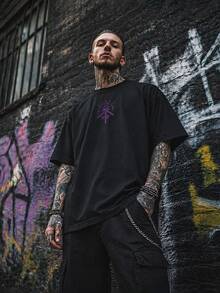 Men Streetwear T-Shirt Dark Gothic Horror Punk Graphic Tee, Urban Street Style, Edgy Short Sleeve Top - Black - View 4