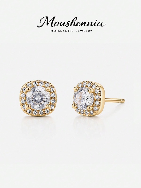 MOUSHEENIA Bông tai bạc 925 đính đá Moissanite hình vòng hào quang dành cho nữ, kim cương nhân tạo cắt hình đệm màu D, mạ vàng, trang sức cao cấp không gây dị ứng.