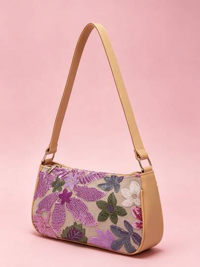 1pc Sequin Flower Decorated Women's Luxury Handbag, Elegant Ladies' Tote Bag Shoulder Bag, Shiny Chic Women's Bag, Party & Wedding Clutch, Suitable For Party, Wedding, Summer Outfit Photo Shoot, Great Holiday Gift