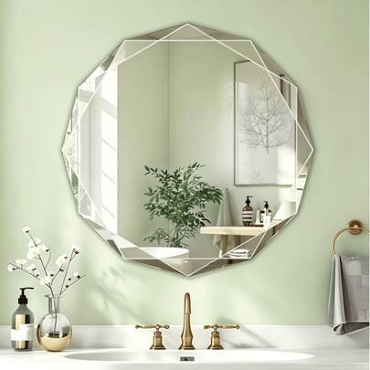 Frameless Multi-Faceted Bathroom Mirror, Luxury 3D Beveled Wall-Mounted Mirror, High-Definition Shatterproof Makeup Mirror, Round Decorative Mirror, Home Decor Mirror, Suitable For Living Room, Bathroom, Bedroom, Vanity