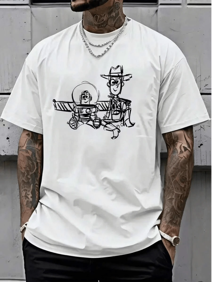 [Authorized] Men's T-Shirt Disney Toy Story Summer T-Shirt Short Sleeve Loose And Comfortable Casual Black Fashion Men's American Men's Sports Breathable Round Neck Women's Thin Handsome Top - White - View 1