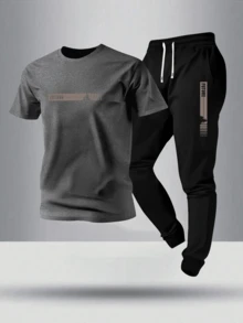 2pcs/Set Men's Short Sleeve T-Shirt And Drawstring Waist Sports Pants. Lightweight, Breathable, And Comfortable, Making It An Ideal Choice For Summer. The Set Features Fun Text And Pine Tree Graphics, Versatile And Practical For Various Occasions - Commuting, Casual Outings, Gym Workouts, Outdoor Activities, As Well As Home Leisure And Short Trips. It Perfectly Meets Men's Spring And Autumn Dressing Needs. - Multicolor - View 1