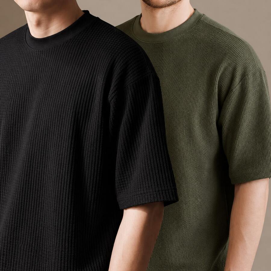 Set Of 2 Men's Oversized Waffle Premium Textured T-Shirts - Quân đội Đen/Xanh lá cây - Xem 1