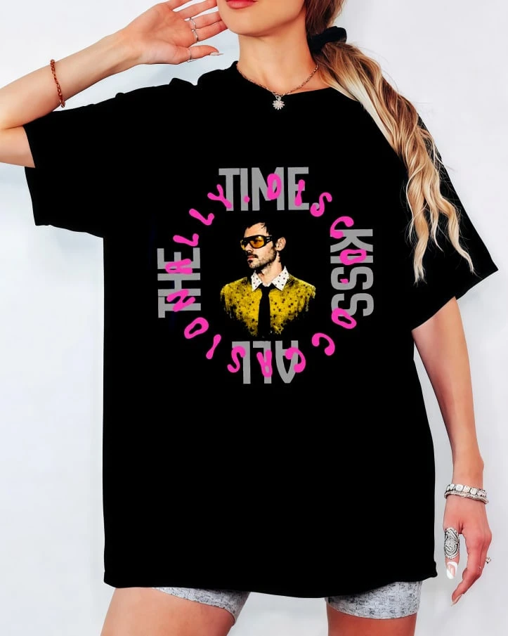 Harryy S-Styles Disco Quote T-Shirt, Circular Text & Portrait Print, Unisex Casual Pop Fan Top - Black - View 1