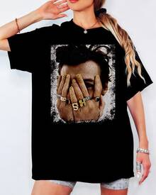 Harryy S-Styles Iconic Hands T-Shirt, Face Nails & Rings Grunge Print, Unisex Casual Pop Fan Top - Black - View 8