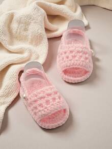 1 Pasang Sandal Bayi Rajutan Tangan, Putih, Ujung Terbuka dengan Desain Tali, Cocok untuk Bayi Baru Lahir - Baby Pink - View 4