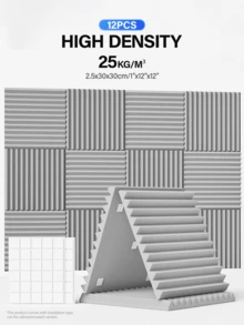TMJD MISS 12片/24片装吸音墙板，12英寸×12英寸×1/2英寸，适用于录音室、音乐室、游戏空间、播客、隔音和吸音 | 聚酯楔形吸音泡沫 | 带双面胶 - 三角槽設計 - 查看 16