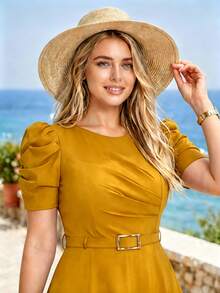 Plus Size Round Neck Short Puff Sleeve Midi Dress With Belt, Casual Solid Swing Dress For Women, Perfect For Beach Holiday & Daily Wear - Yellow - View 2