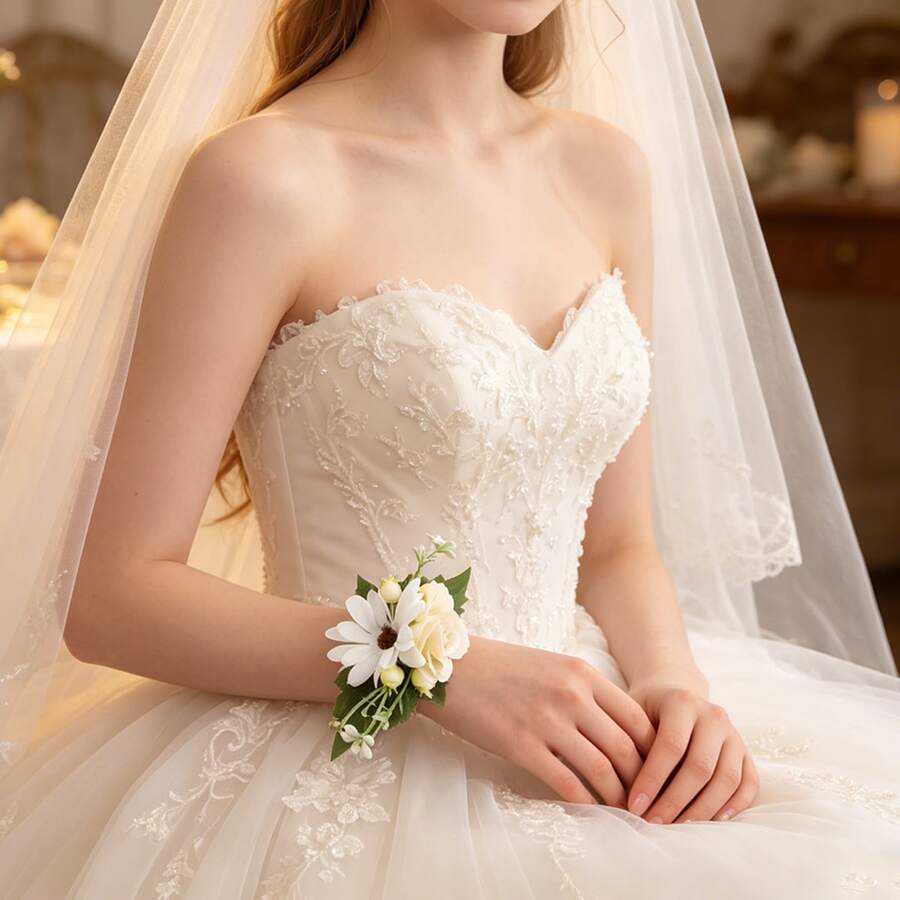 1件自然灵感仿真花腕花,麻绳雏菊手链,适合新娘、伴娘、户外婚礼、派对、拍照、优雅场合、生日等。 - 淺藍色 - 查看 1