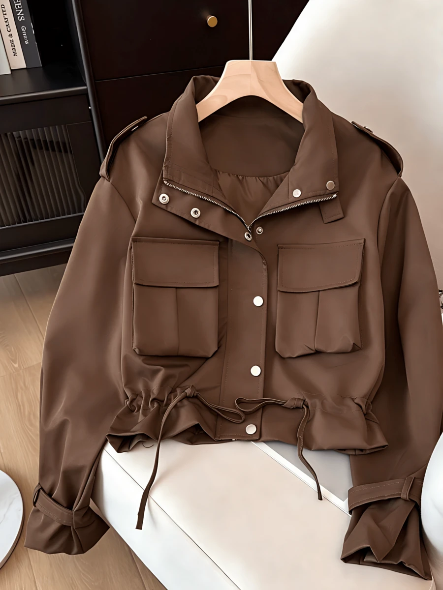 Women's Utility Style Jacket, Fashion Funnel Neck, Multi-Pocket Waist Drawstring, Short Motorcycle Jacket Summer