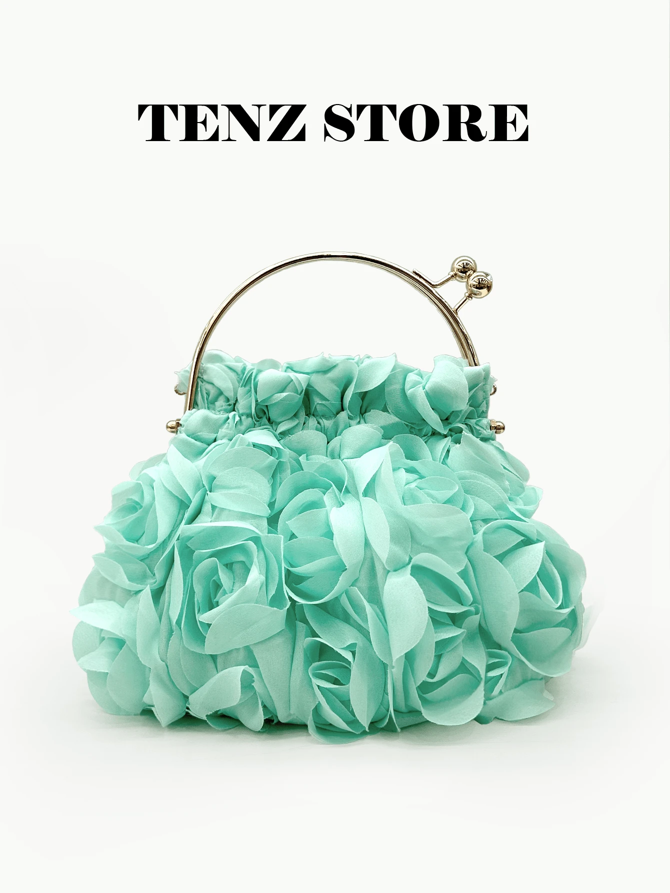 3D Mint Green Rose Flower Evening Bag, Fashion Chiffon Petal Handbag With Detachable Chain Strap, Fits Phone And Essentials, Suitable For Wedding, Date, Prom, Holiday, Girls' Night Out, Graduation Party, Spring Gala, Cocktail Party
