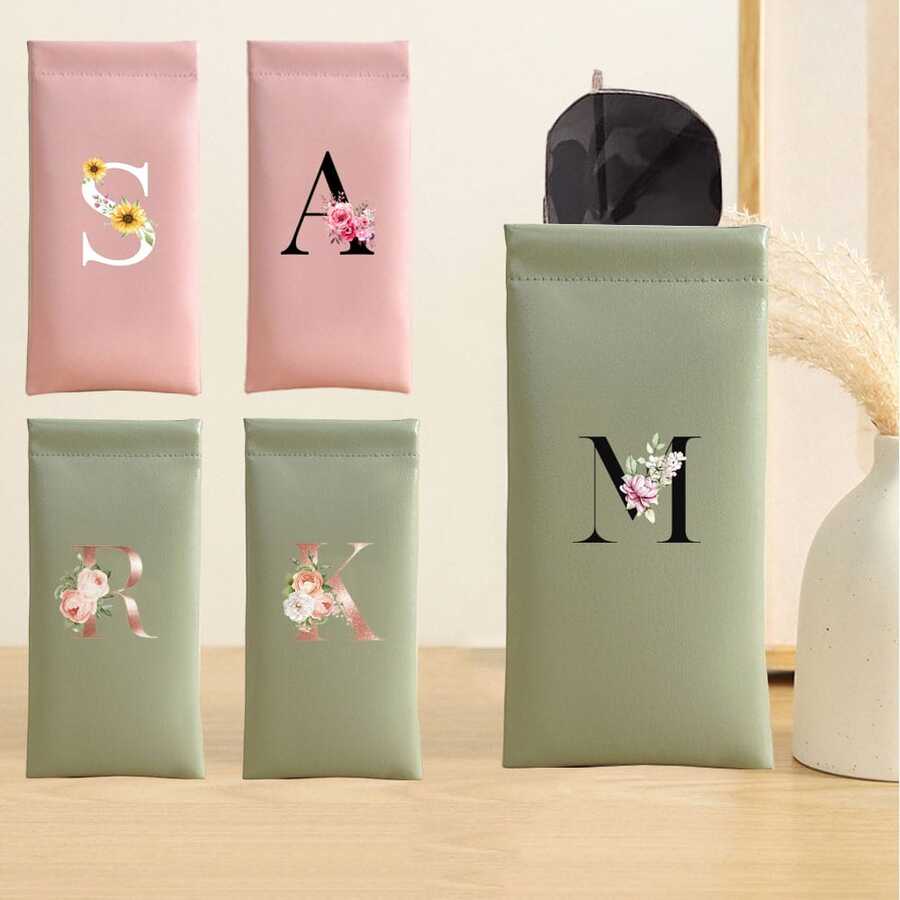 Fashionable Eyeglass Case, Unisex Eyewear Storage Set With Elastic Zipper Closure, Floral & Letter Print, Portable Cable Organizer Pouch, Essential For Holidays And Travel - Green - View 1