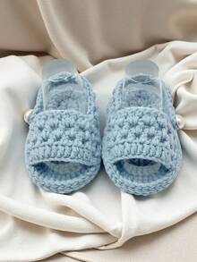 1 Pair Handmade Crochet Infant Sandals, White, Open Toe With Strap Design, Suitable For Newborns - Baby Blue - View 3