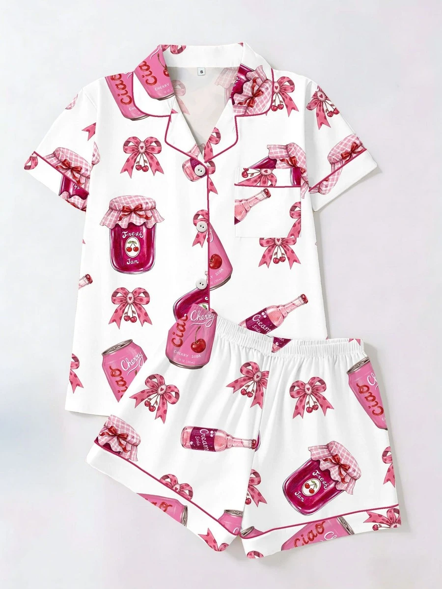Sleepwear With Printed Collar Short-Sleeved Shorts For European-Style Home Wear. Loose And Comfortable Cardigan. - Pink - View 1