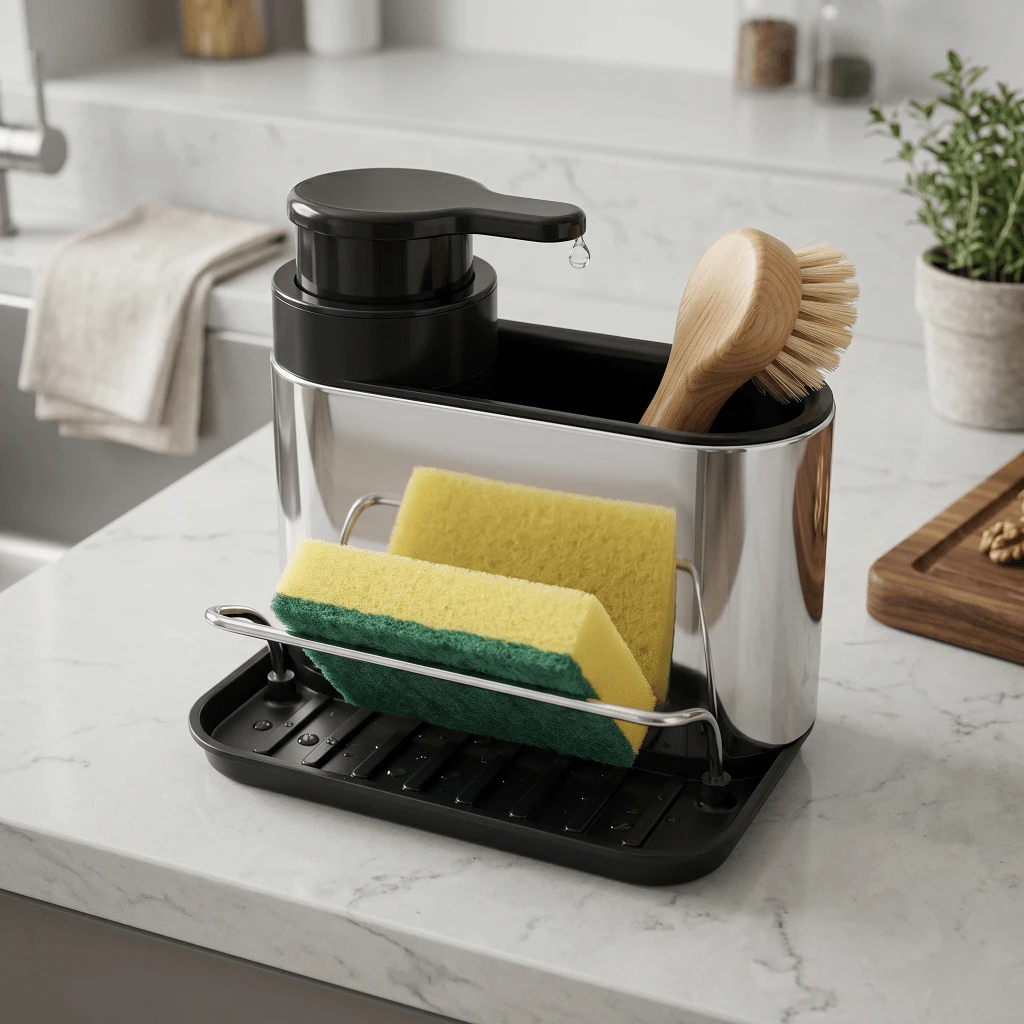 Stainless Steel Sink Organizer Dispenser With Sponge Holder And Kitchen Accessories - A - View 1