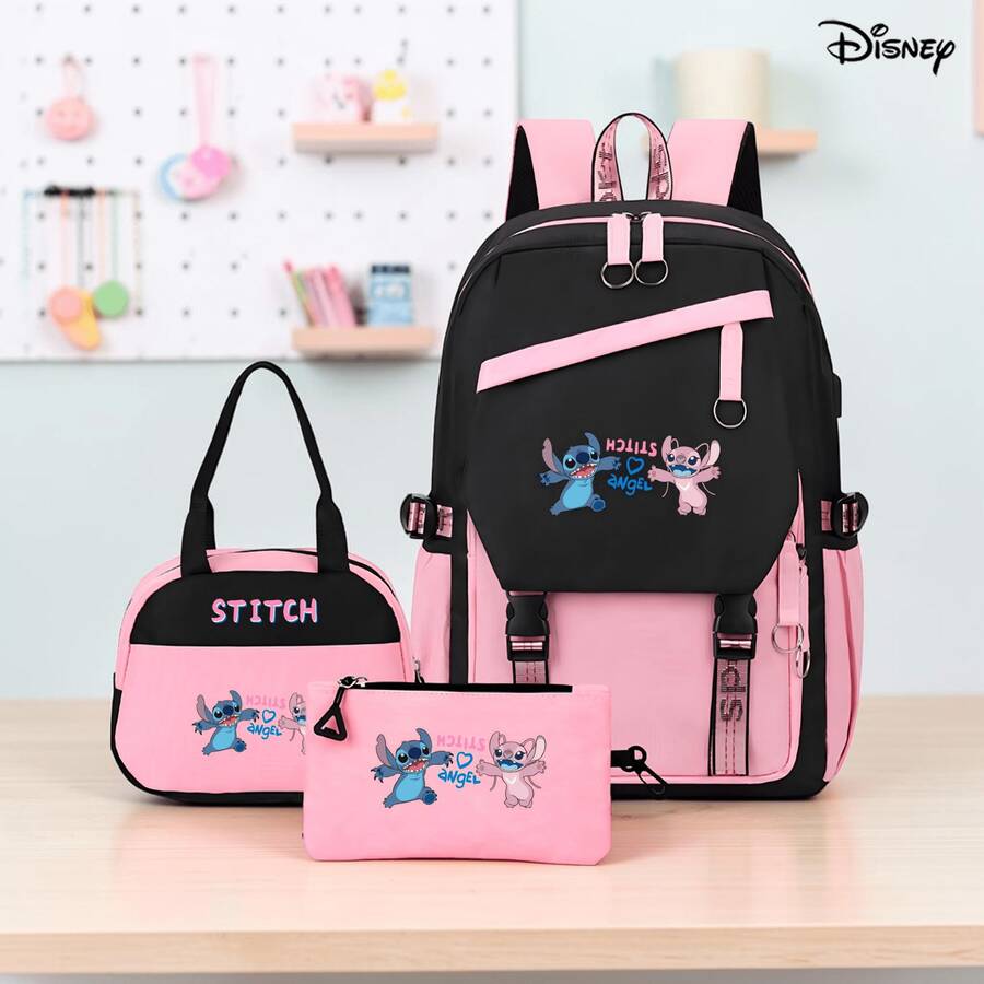 Miniso Bộ 3 món ba lô Disney Stitch và Thiên thần, dung tích lớn, kiểu dáng thường ngày, kèm túi giữ nhiệt và túi đựng đồ, màu hồng đen. - màu 1 - Xem 1