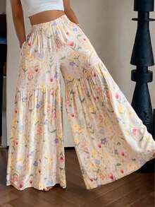 Women's Casual Long Wide-Leg Pants With Vibrant Floral Print, Featuring Pockets, Made Of Comfortable Non-Stretch Fabric Vacation - Apricot - View 11