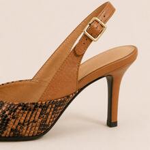 Women Slingback Pumps Pointed Toe Snakeskin Buckle Strap Elegant Heels - Brown - View 5