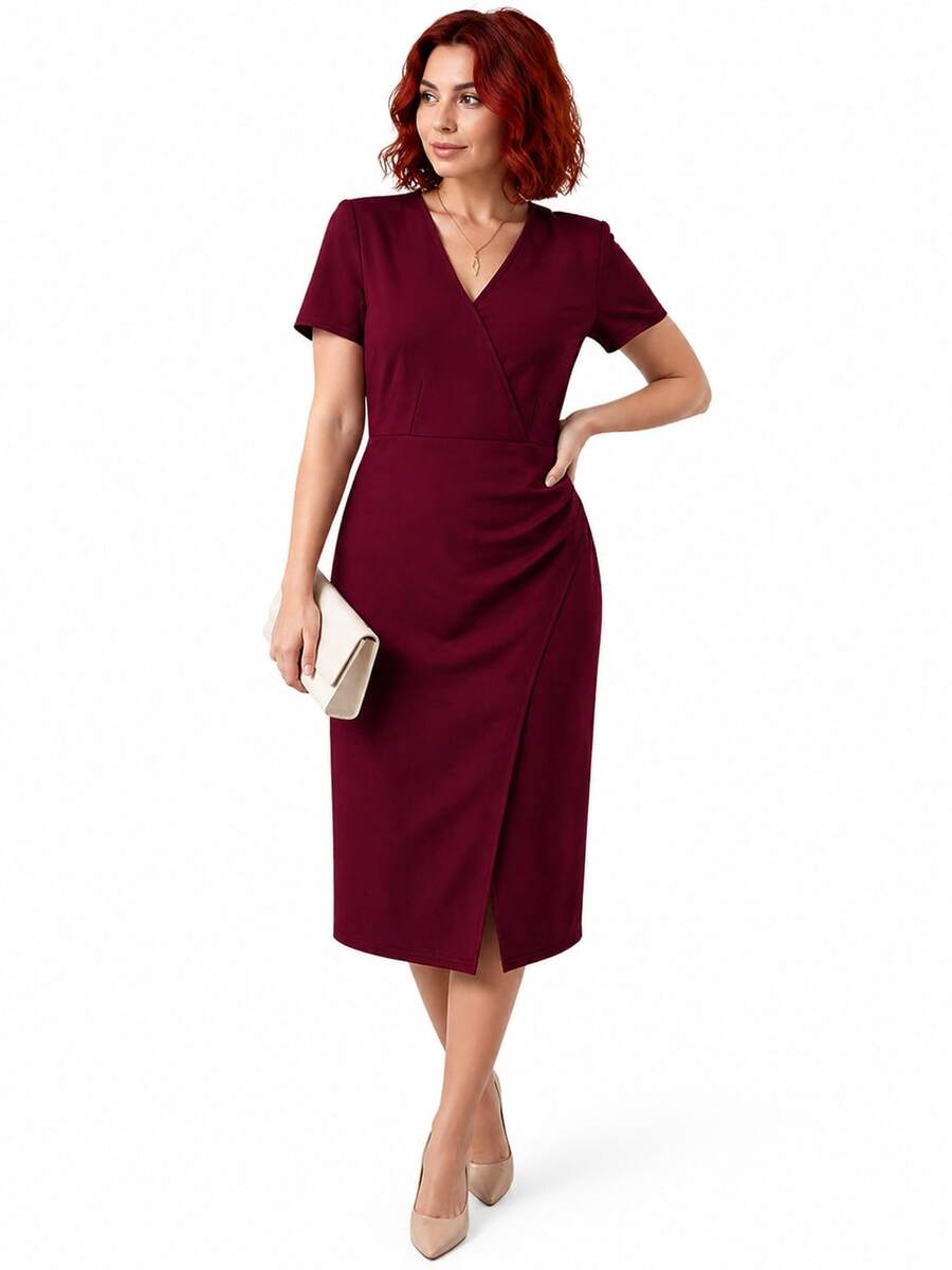 Plus Size Women's Solid Color Short Sleeve Dress Elegant Casual Summer Loose Fit Midi Dress - Wine Red - View 1