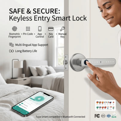 1ชิ้น สมาร์ทล็อค, ล็อคทางเข้าอิเล็กทรอนิกส์แบบไม่ใช้กุญแจพร้อมลายนิ้วมือและปุ่มกดรหัสผ่าน, พื้นผิวขัดเงา, ใช้แบตเตอรี่, การเข้าถึงด้วยบัตรเซ็นเซอร์, เหมาะสำหรับบ้านและสำนักงาน ที่จับประตูรักษาความปลอดภัยไบโอเมตริกซ์